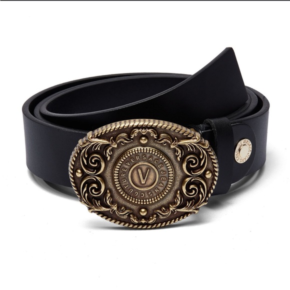 Versace Couture Belt Mens Black Leather Belt With Signature Gold Versace Buckle - Picture 3 of 10